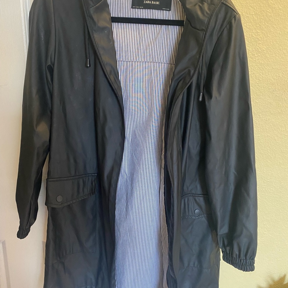 Zara Basic Rubberized Raincoat with Striped Lining Women’s Small